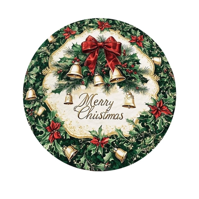 Christmas Floor Mat Circular 31.5 in Diameter Snowflake Tree Pattern Crystal Fleece With Non Slip Dots Backing For Living Room Holiday Party Decoration