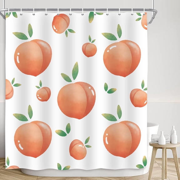 Peach Shower Curtain, Pink Juicy Peach Fruits White Bathroom Decor for Girls, Polyester Fabric Waterproof Shower Curtian Accessory Set 12 Hooks 72x72 inch