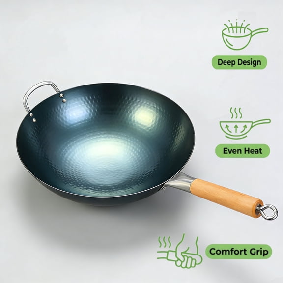 Kitchen Wok, Round Bottom Stir Fry Pan for Home, Uncoated Pure Iron, Wood Handles, Iron Wok