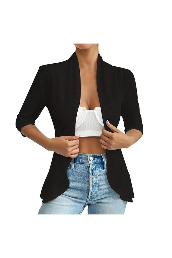 Eyelet Crochet Women's 3/4 Sleeve Cardigan Balzer Coats Hollow Out Mesh Open Front Draped Ruffles Workwear