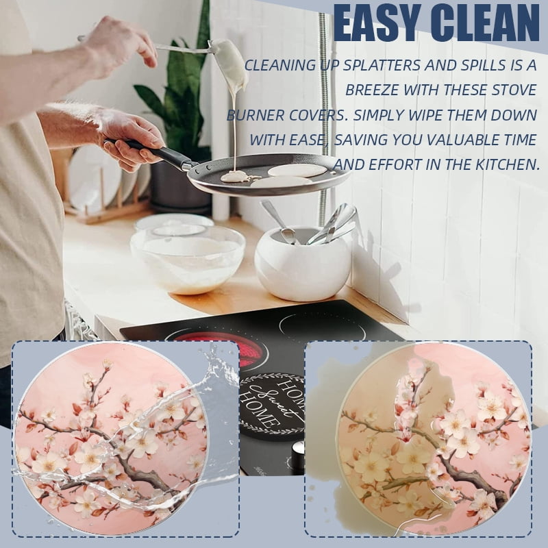 Round Burner Covers for Electric Stove, Beautiful White Cherry Blossoms on Pink Background Metal Stove Burner Covers Expands Counter Space Set of 4, 8 Inches and 10 Inches