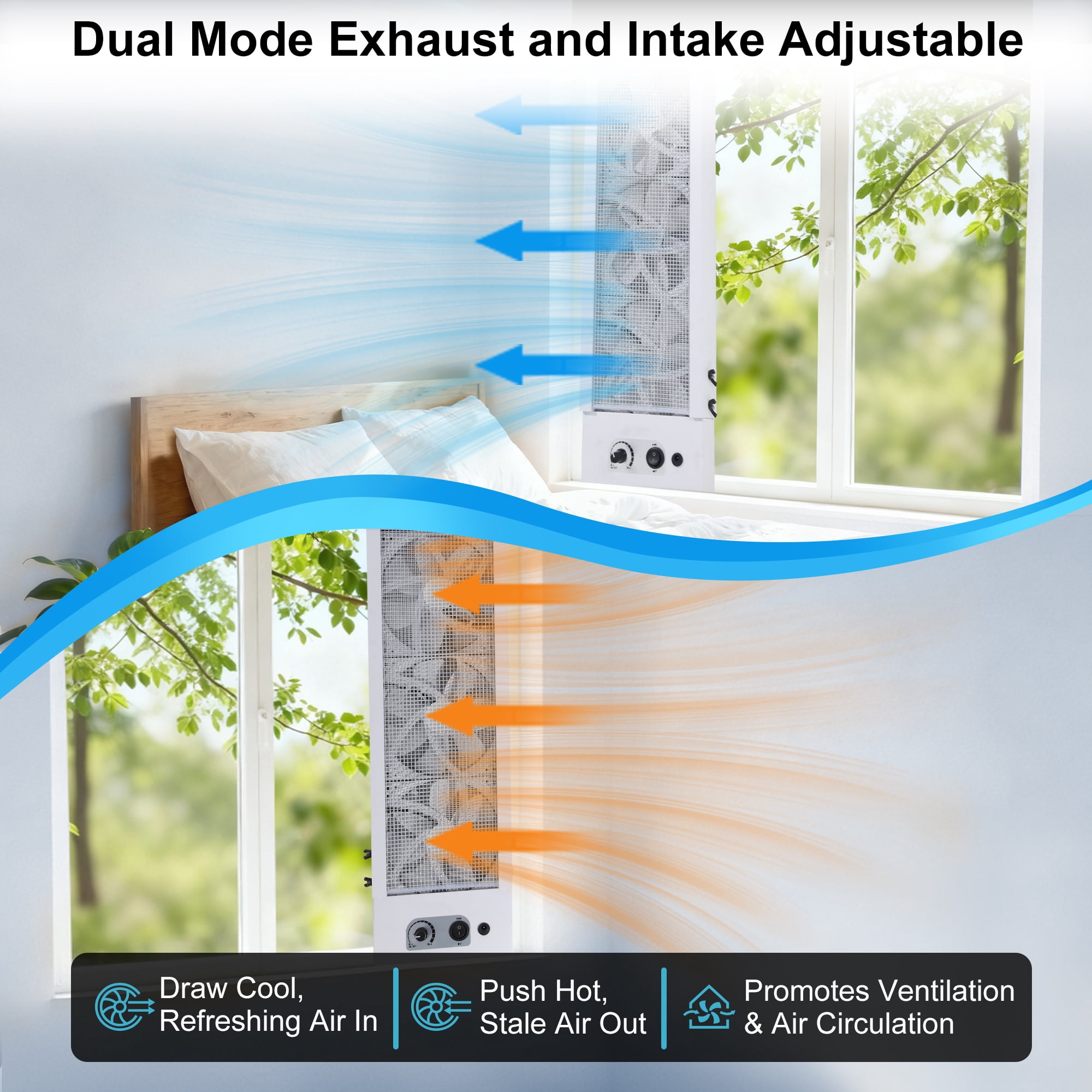 36.61-66.93 inch Vertical Window Fan for Sliding Windows Dual Mode Exhaust and Intake with Variable Speed Control for Kitchen Smoke Spaces