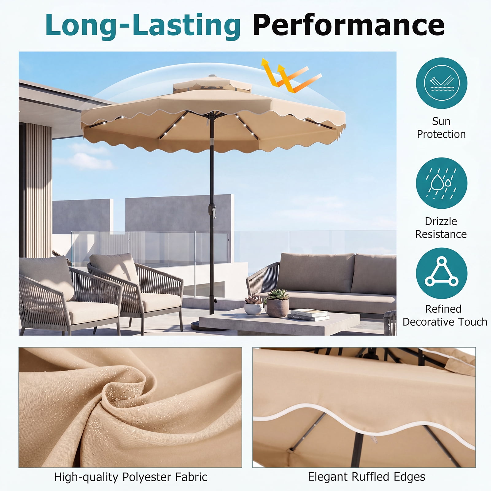 Costway 10 FT Solar LED Patio Umbrella, Push-Button Tilt & Crank, 24 LED Lights & 8 Ribs Beige