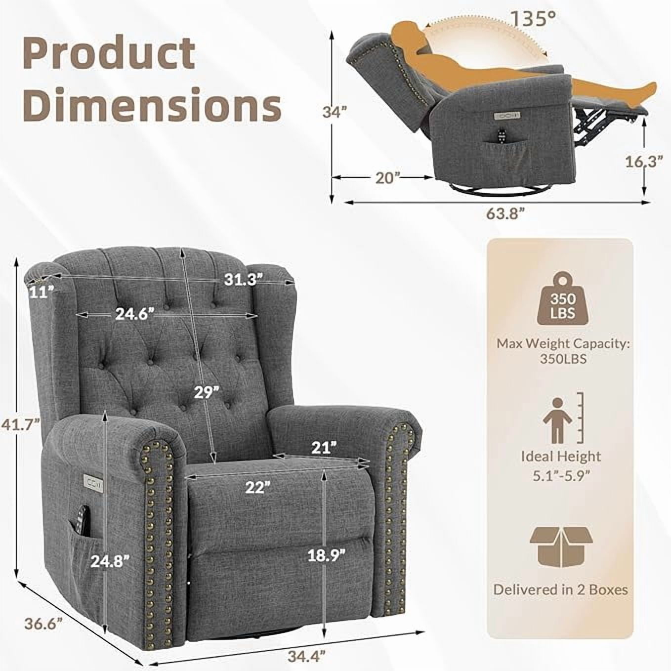 EPICOZY Power Swivel Rocking Glider Recliner Chair with Massage and Heat, Electric Nursery Glider Rocker for Living Room, Wingback Tufted Upholstered Recliner Chair with Type-C & USB Ports, Grey