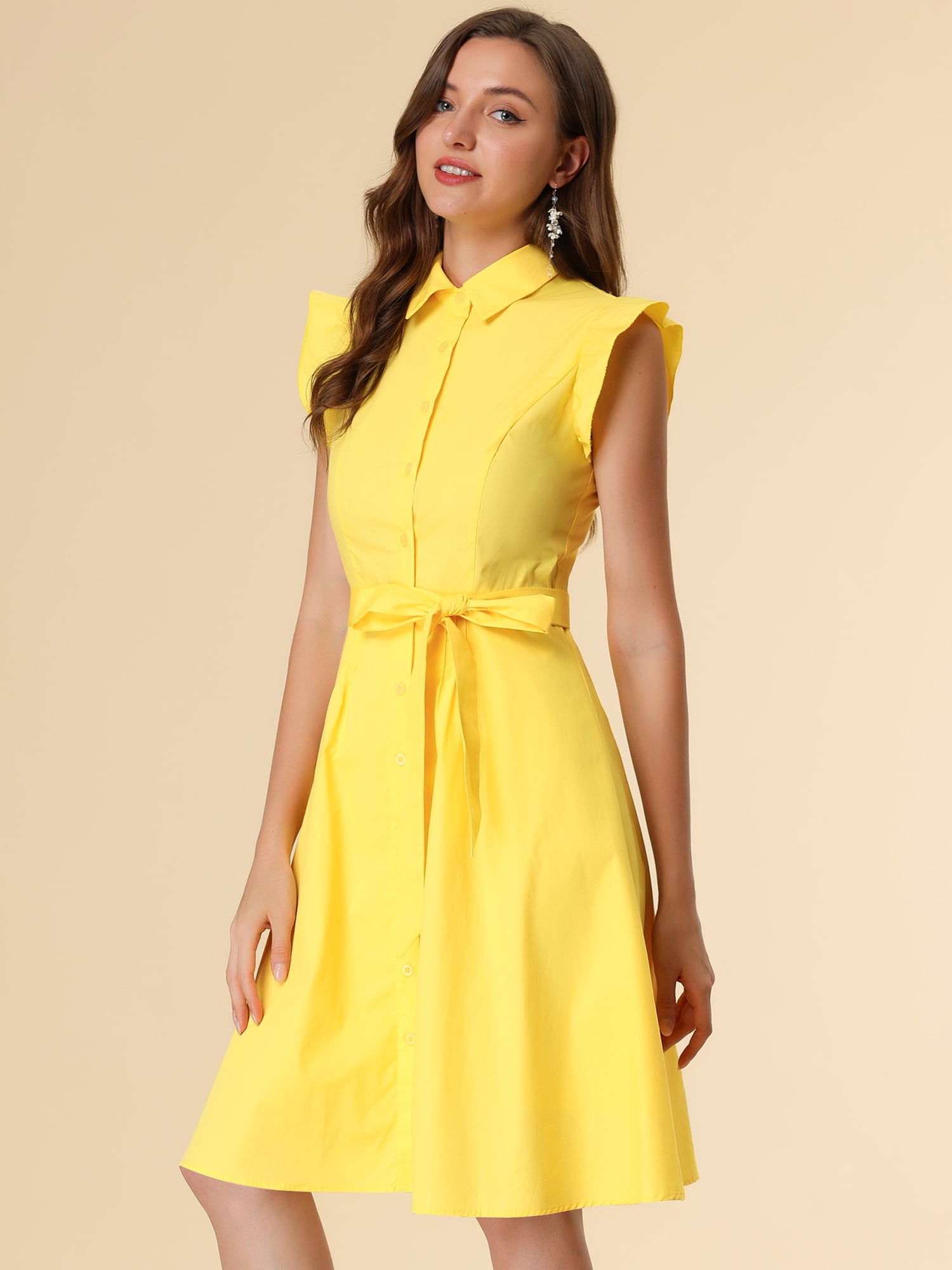DARING DIVA Ruffled Sleeve Button Down Belted Knee Length Shirt Dress S Yellow