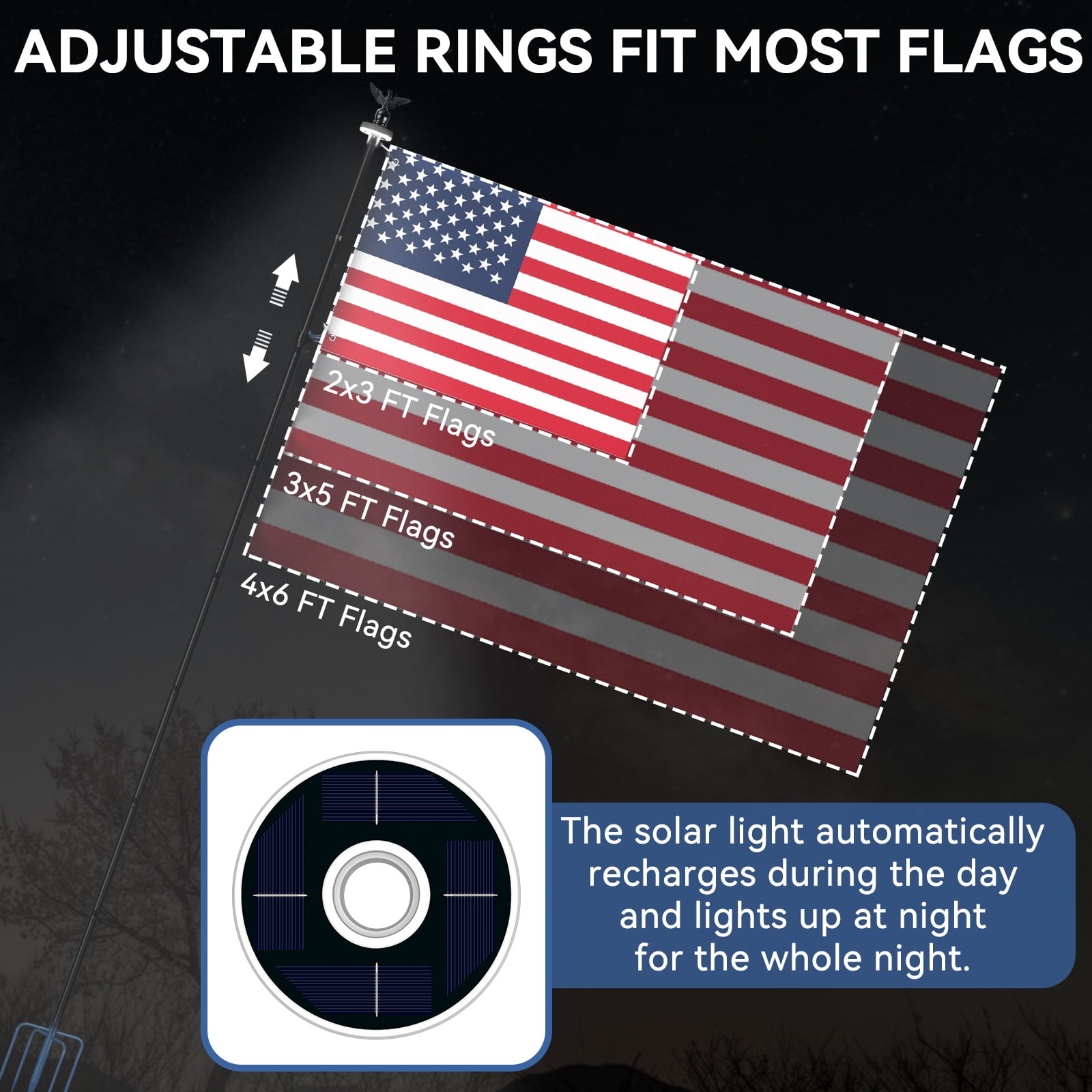 FIASON 9 FT Black Stainless Steel Tangle-Free Flag Pole Kit, Heavy Duty In-Ground Flagpole with Solar Light & 5-Prong Base for Yard, Garden & Commercial Outdoor Use, No Flag Included