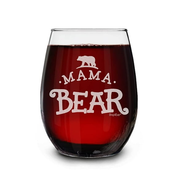 Shop4Ever New Mom Wine Glass Mama Bear Laser Engraved Stemless Wine Glass 15 oz.