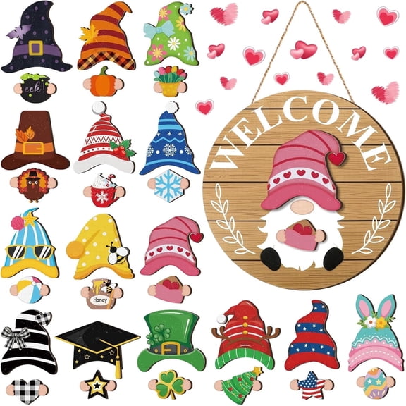 Interchangeable Wooden Gnome Decor Holiday Seasonal Gnome Decorations with Magnet Pieces and Detachable Hats Changeable Welcome Sign for Home