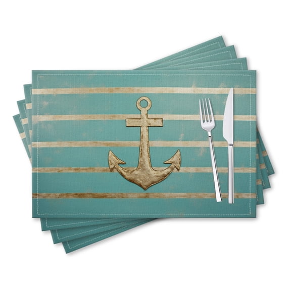 BaHomeck placemats Set of 4 rectangle Linen Cotton Placemats for Dining Table Washable Heat Resistant,18*12inch,Vintage Nautical Anchor On Light Blue Striped Background