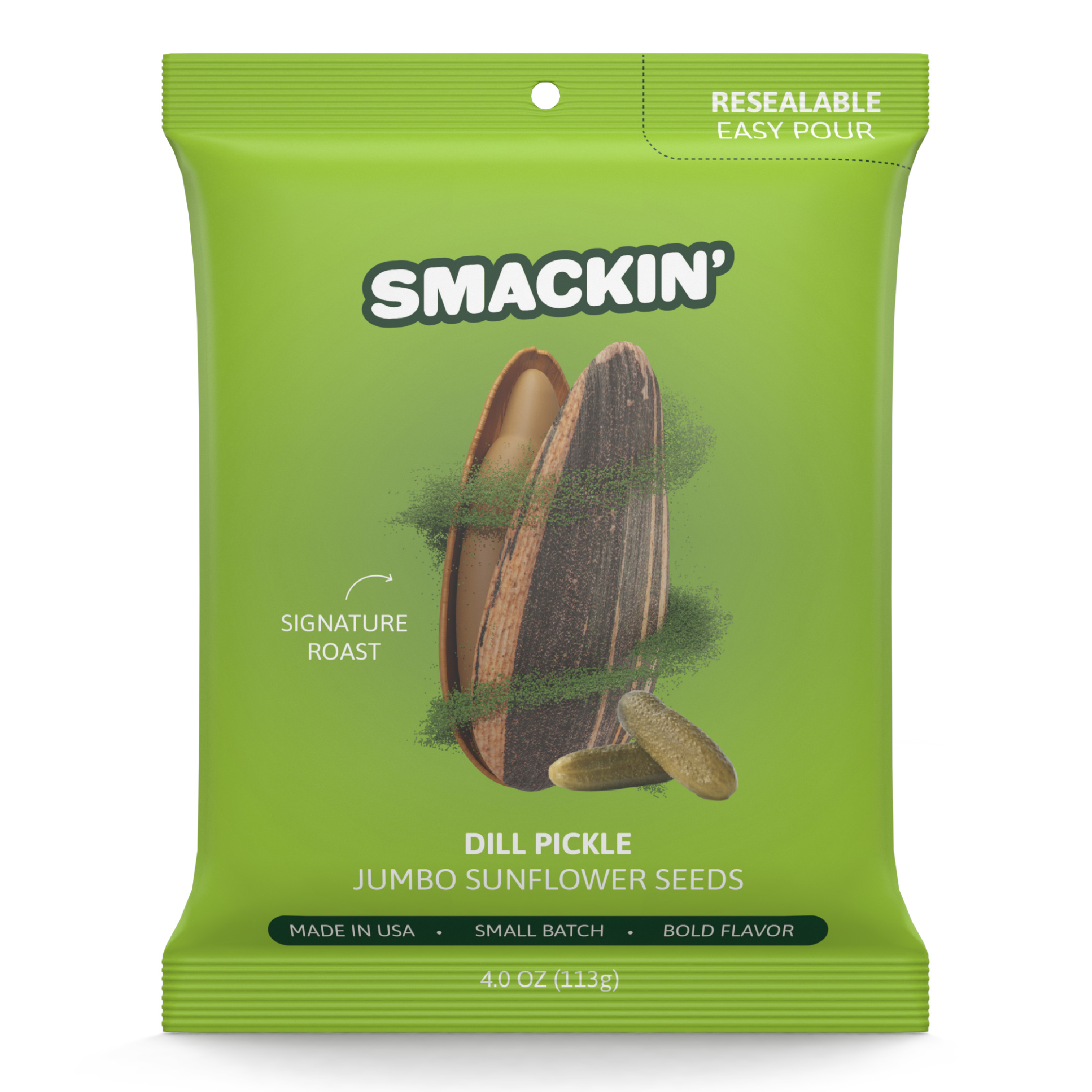 SMACKIN' Dill Pickle Jumbo Sunflower Seeds, 4oz Resealable Bag, 12 Pack