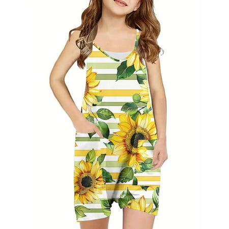 AJTQTH Rompers for Girls V-Neck Spaghetti Straps Cute Floral Printed Jumpsuit with Pockets Comfy Lightweight Playsuit Thin Bodysuit for Summer Casual Outfits Yellow 5 Years
