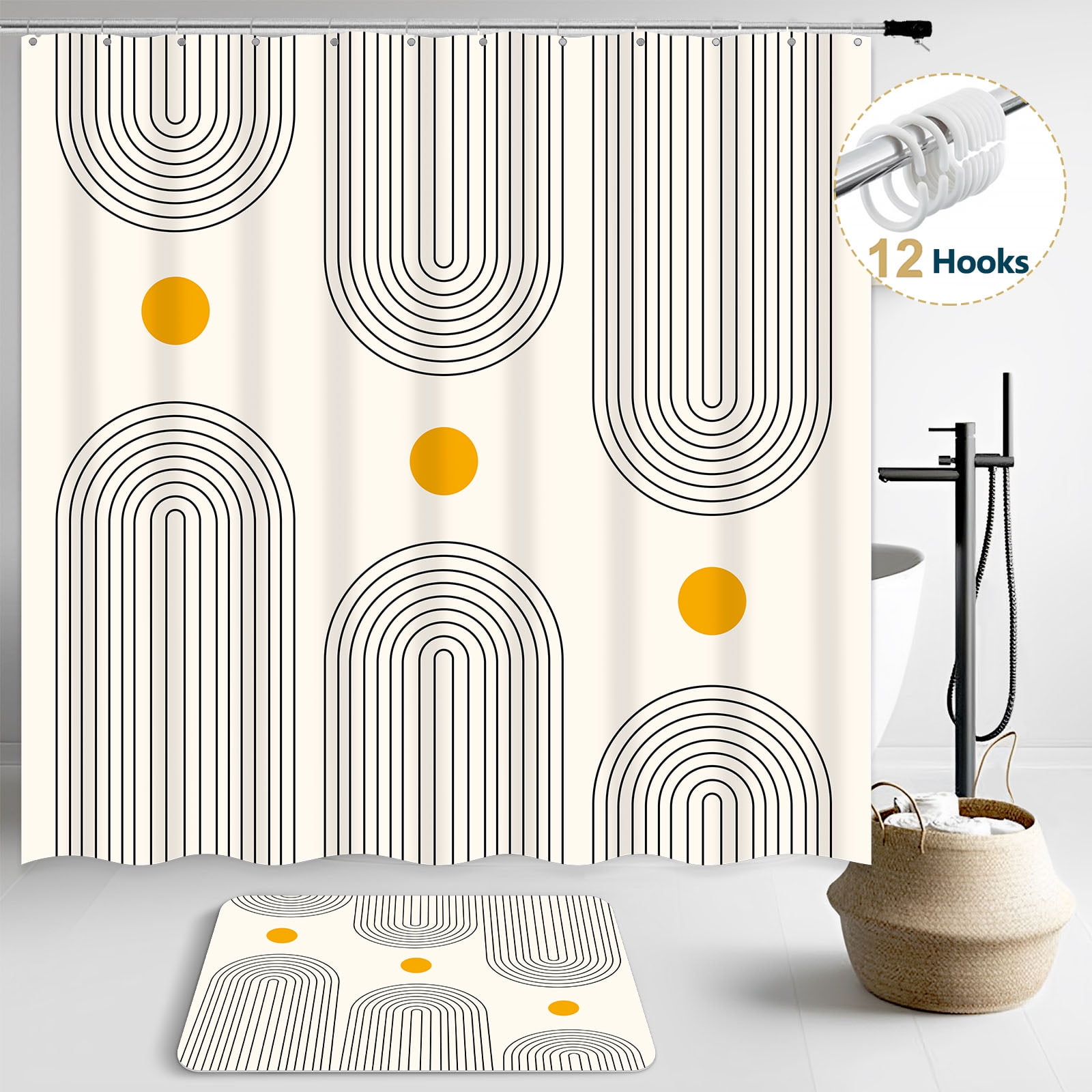 Dznils Boho Fabric Shower Curtains and Bath Rug Set, Modern Bathroom Curtain Sets, Beige, 72" x 72"