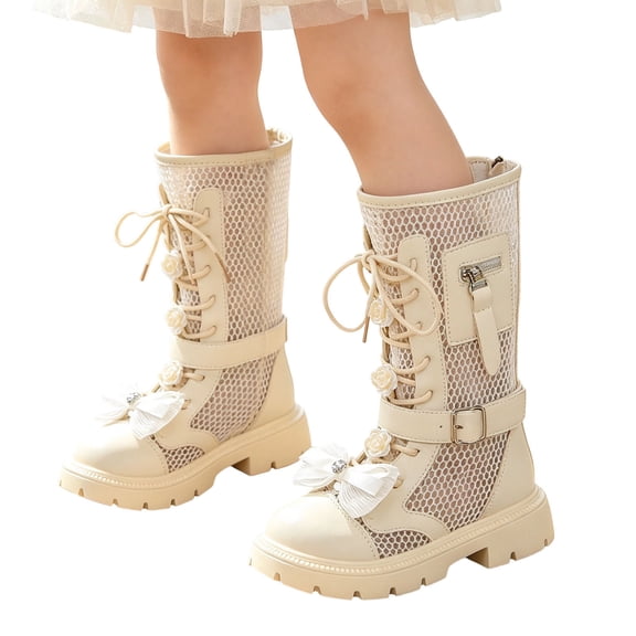 Cethrio Little Girls Riding Boots, Casual Lace-up Non-Slip Breathable Mid Calf Boots White Size 13(Little Kids)