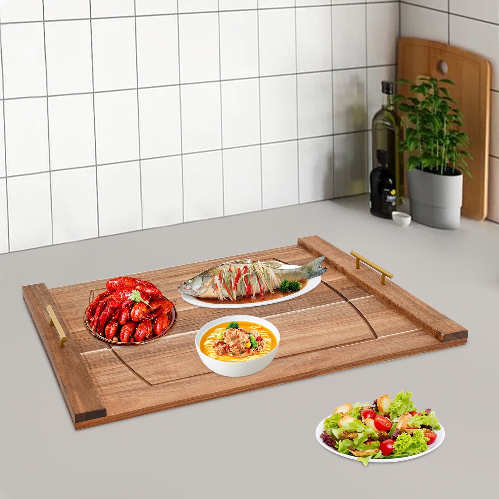 30x22in Wooden Stovetop Cover Log Color, Removable Handles Smooth Edges for Safety Works on Electric/Gas Stoves as Prep Tray