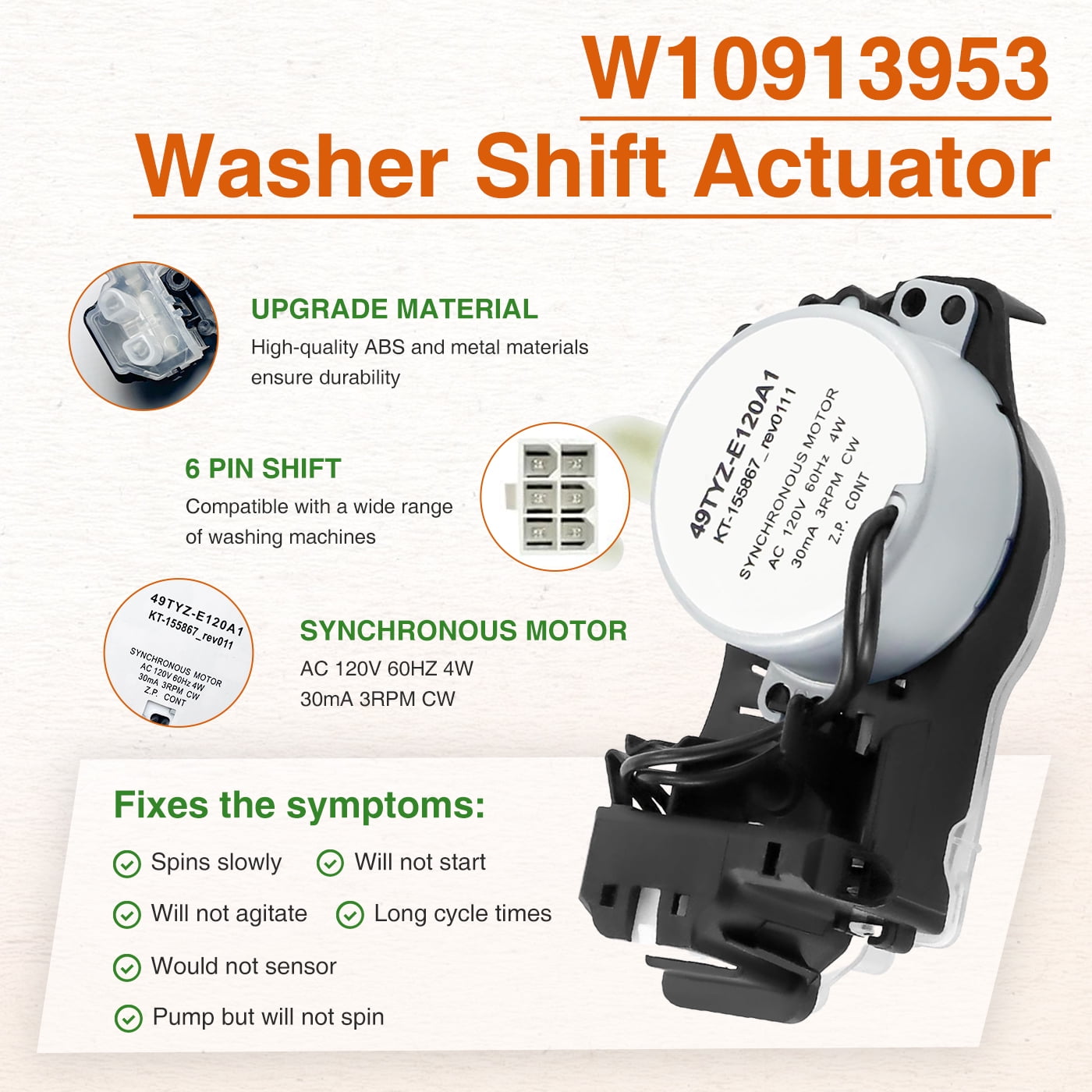 W10913953 49tyz-e120a1 Washer Shift Actuator with W10721967 Washer Pulley Clutch Kit W10006384 Drive Belt Compatible with Top Load Washers Washing Machine