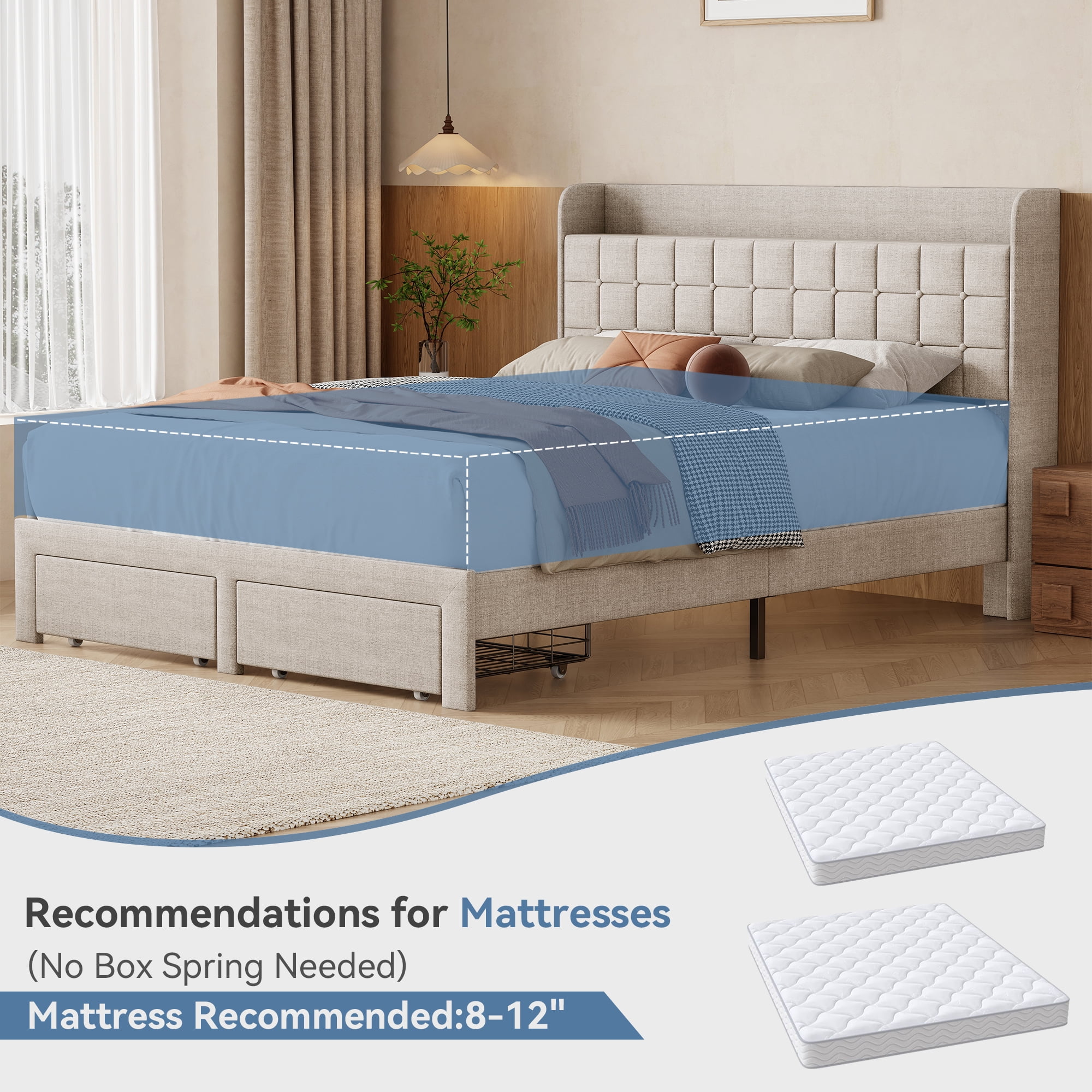 EDX Full Upholstered Platform Bed Frame with Storage Drawers and Fabric Headboard, Steel Support Frame, Beige