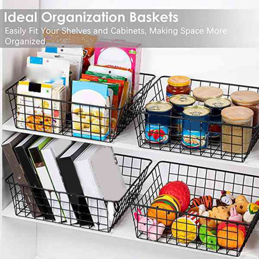 Wire Storage Baskets, iSPECLE 4 Pack Large Metal Wire Baskets Pantry  Organization and Storage with Handles, Freezer Organizer Bins for Pantry  Kitchen Shelf Laundry Cabinets Garage, Black 