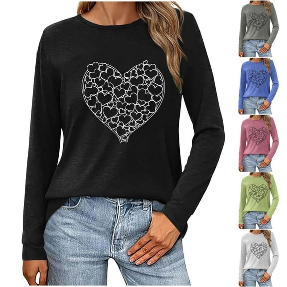 VKOYWKM Valentines Day T Shirts for Women Long Sleeve Romantic Love Graphic Tees Womens Tops Holiday Crew Neck Spring T Shirts Heart Top