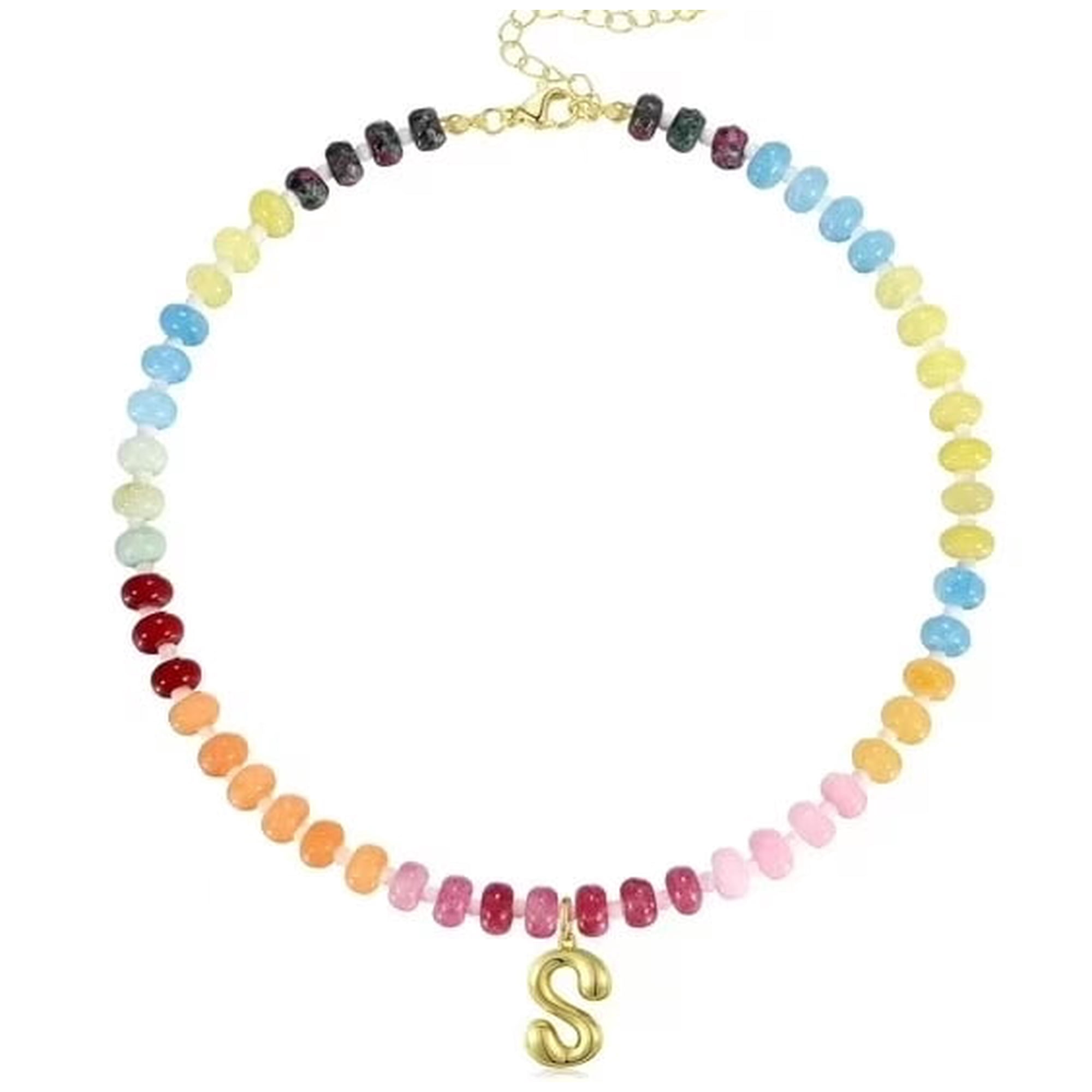 Women's Initials Necklace, Colorful Beaded Gemstone Bubble Letter Pendant Necklace Natural Stone Summer Beach Handmade Gifts