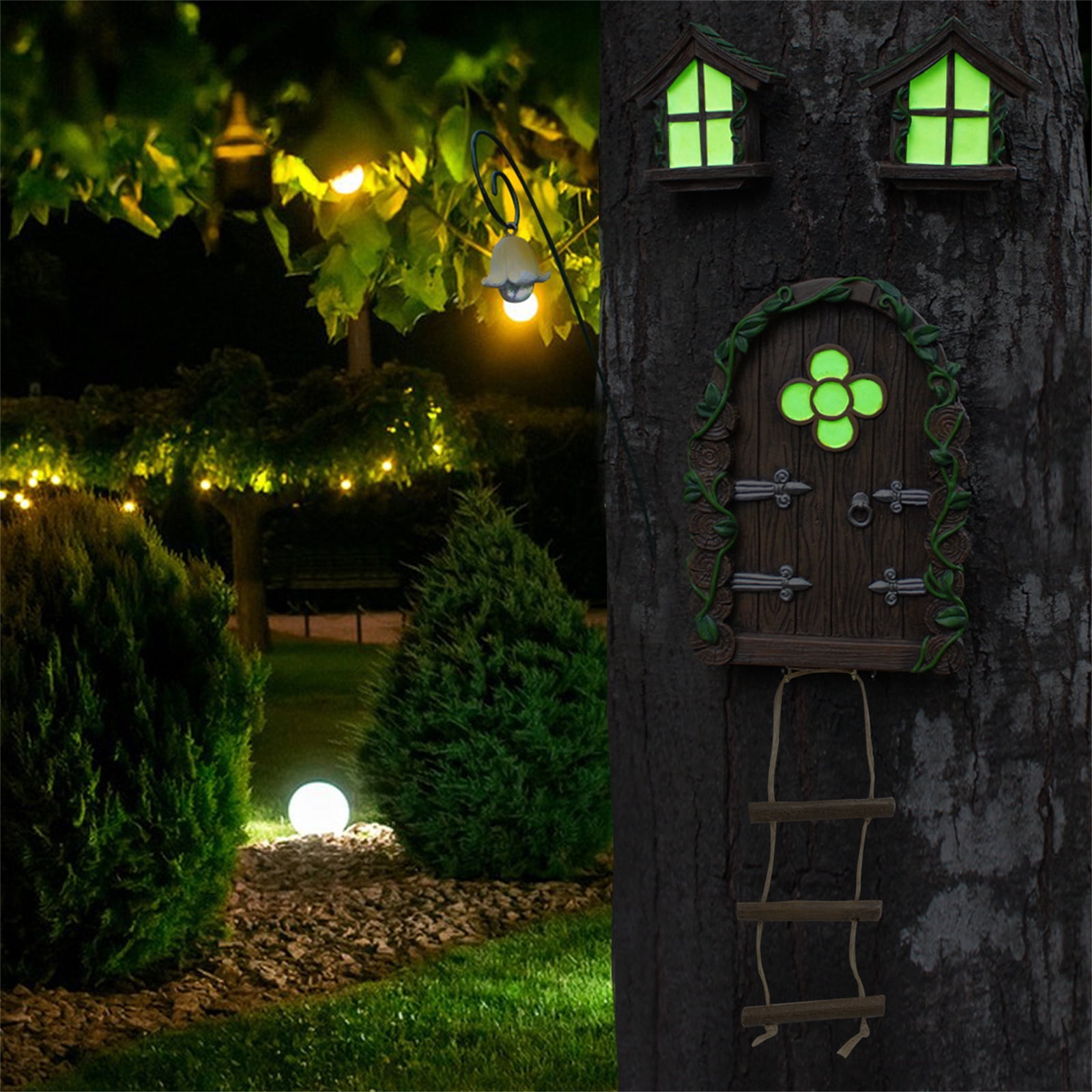 Fairy Door for Trees Miniature Fairy Garden with Fairy Lamp Glow in Dark Yard Art Sculptures Home Indoor Outdoor