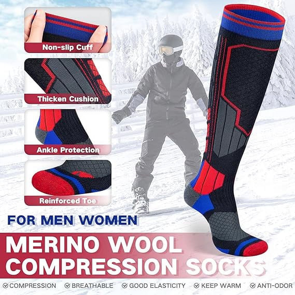 2 Pairs Merino Wool Ski Socks, Men Women Compression Snowboard Winter Thermal Socks for Skiing, Snowboarding, Cold Weather, Winter (Redblue USA Size 13-16)