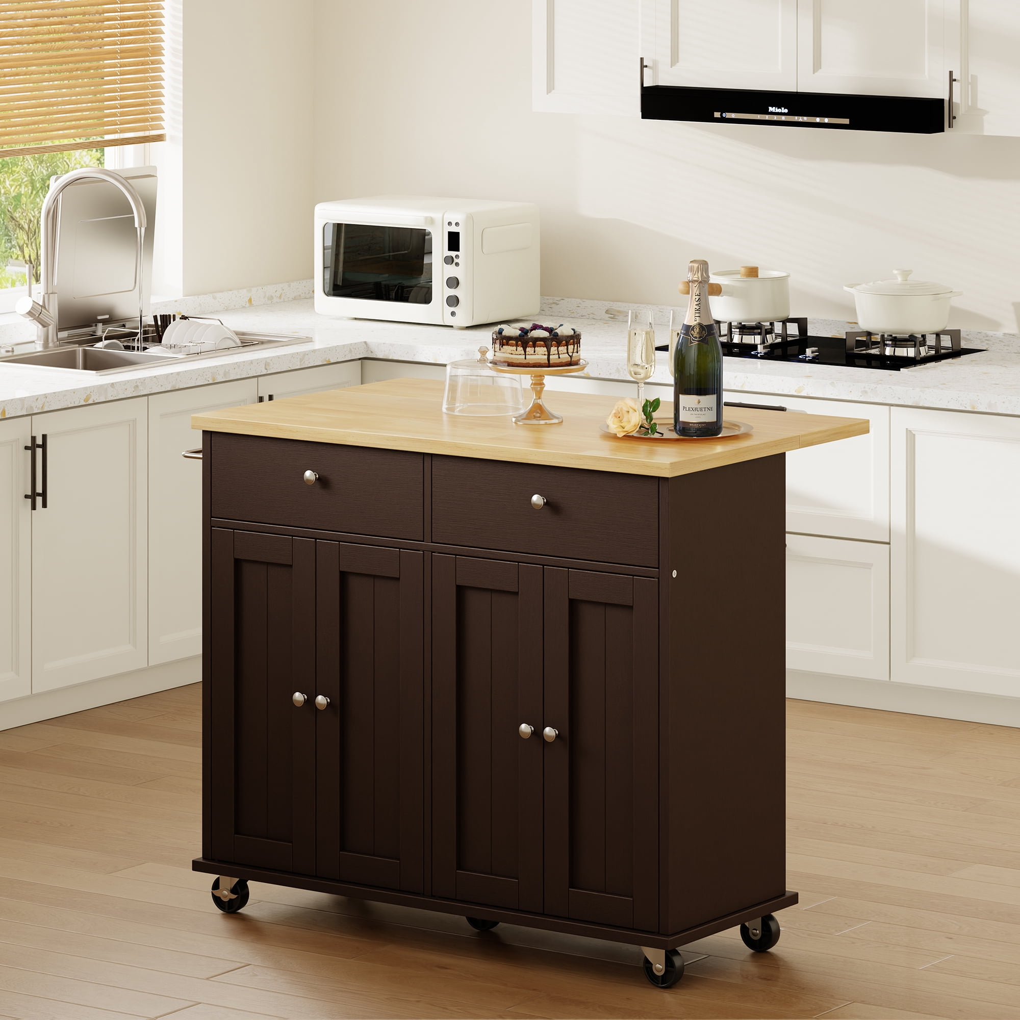 Walsunny Kitchen Islands Carts with Drop Leaf Table 2 Drawers 5 Wheels 4 Magnetic Doors Rolling Storage Cabinet Brown