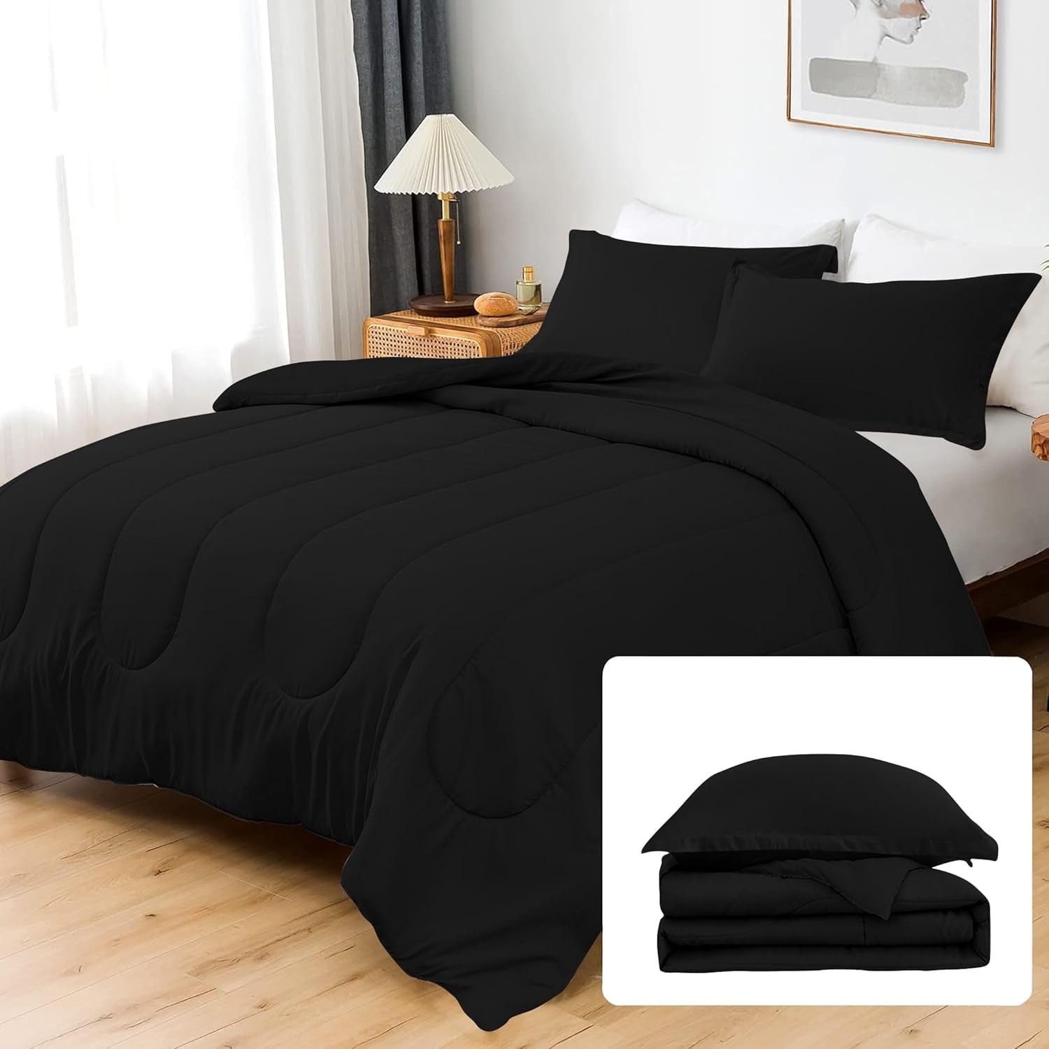 5 Piece Luxury Thicker Pattern Comforter Set, 800 TC, 100% Egyptian Cotton, Super King Size Black Solid Color