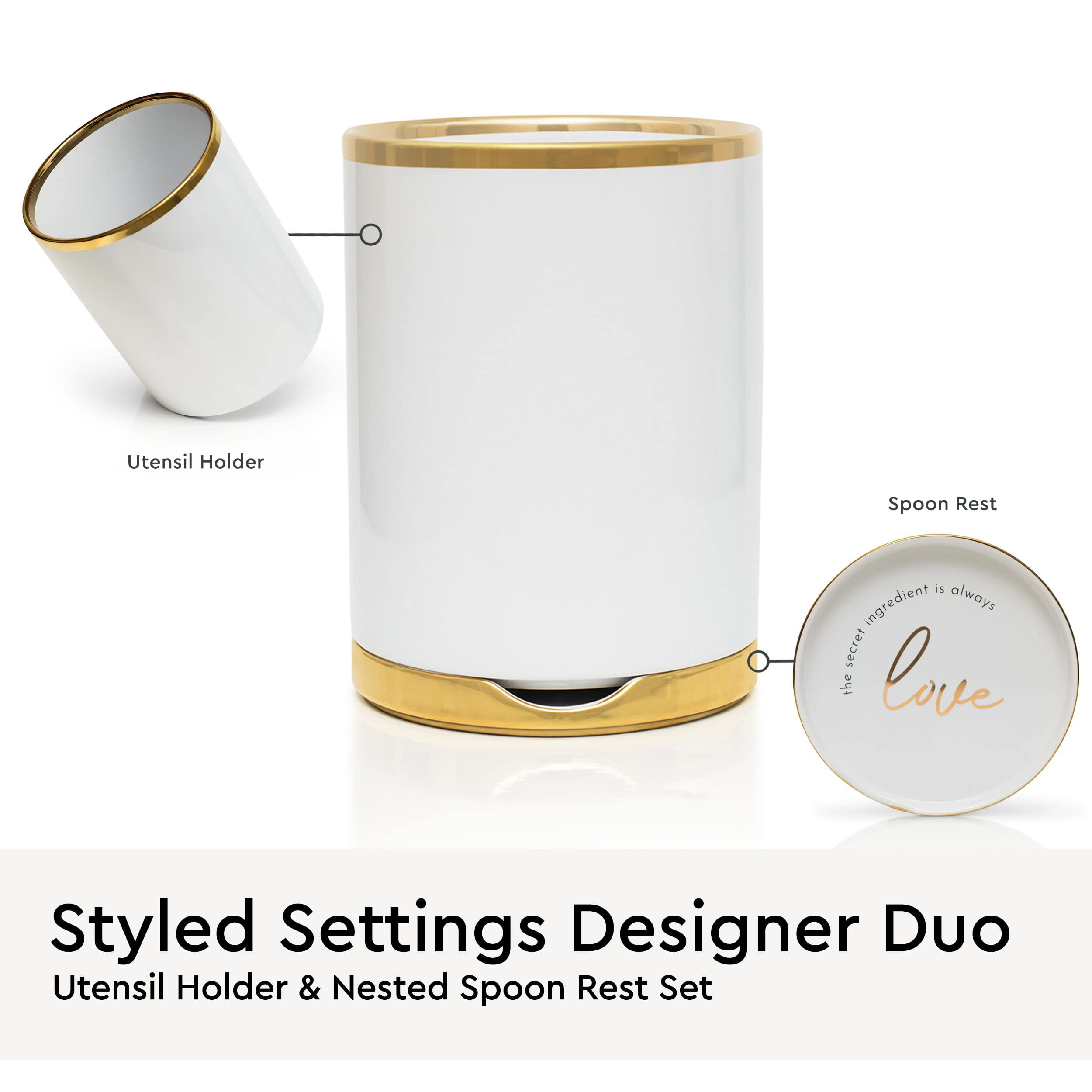 White Utensil Holder with Built-In Ceramic Spoon Rest - 2 PC Luxe White & Gold Utensil Holder for Countertop Includes Large Utensil Holder & White and Gold Spoon Rest - Utensils Not Included