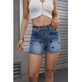 thumbnail image 5 of Plus Size Women's High Waist Denim Shorts with Star Embroidery, Stretch, Frayed Hem, 5 of 6