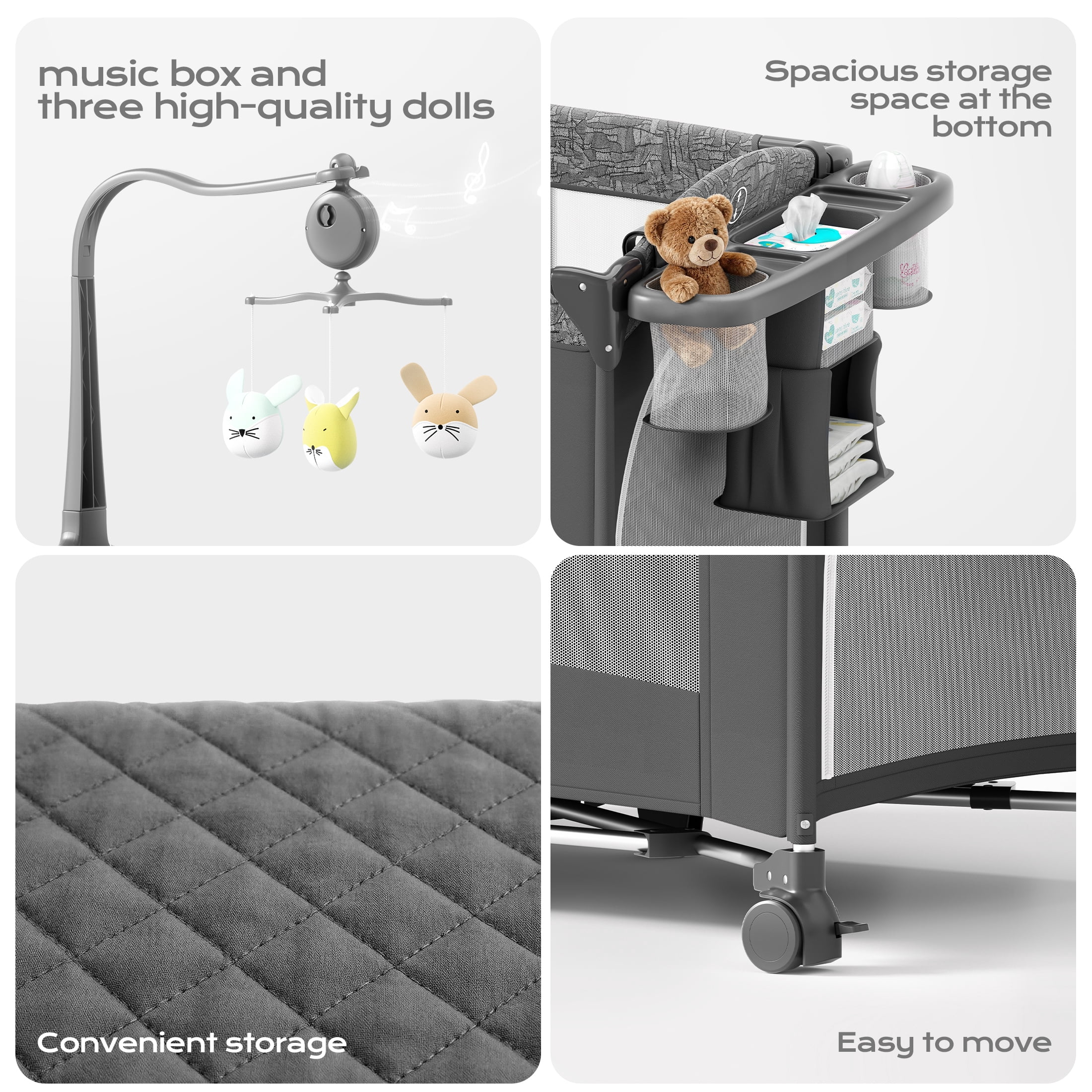 5 in 1  Pack and Play, Easy Folding Portable Playards,  Baby Bassinet Bedside Crib with Mattress, Diaper Changer and Music Mobile