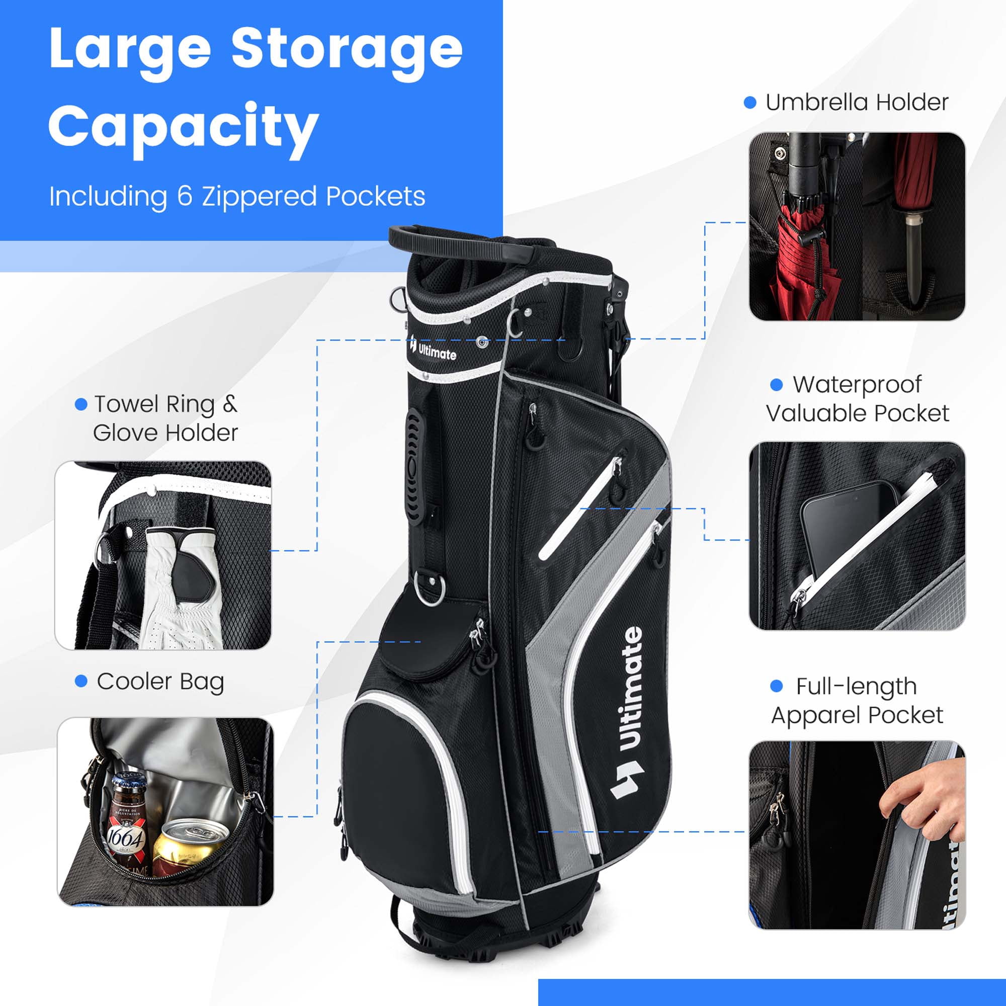 Costway Lightweight Golf Stand Bag with 14 Way Top Dividers 6 Pockets Cooler Bag Rain Hood Gray