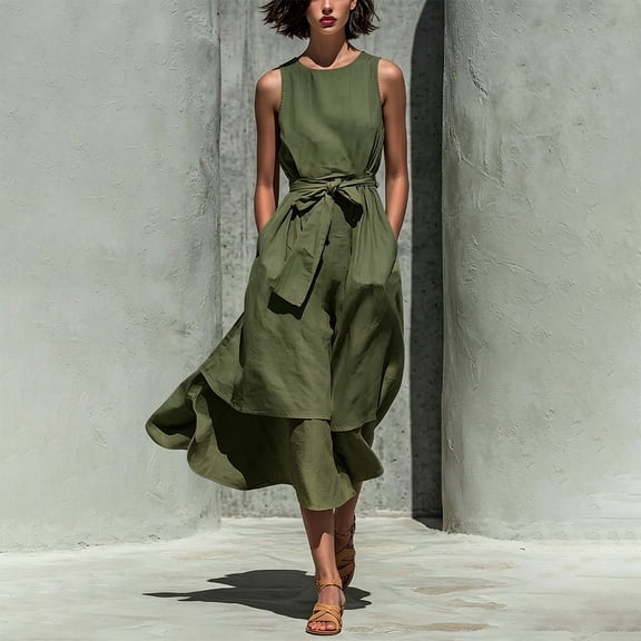 NTACZA Sundresses for Women Cotton Lien Sleeveless Maxi Flowy A-Line Round Neck Casual Ruched Waist Front Tie Vacation Beach Green L