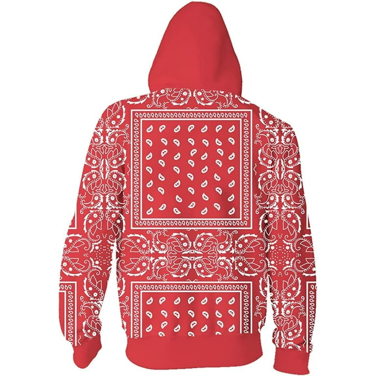 Zipper Red Bandana Print Hoodie Black Red Bandana Jacket For Men