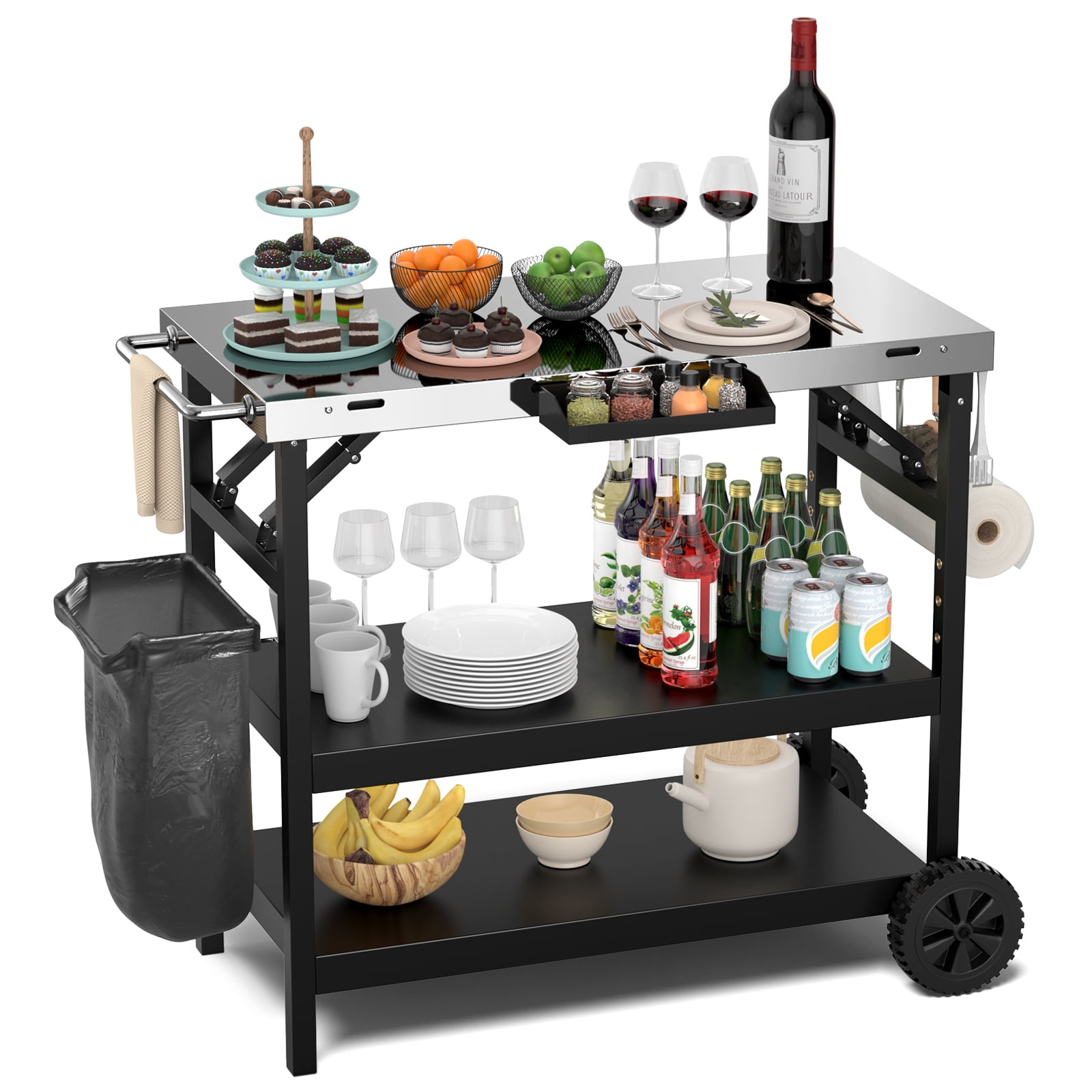 Topbuy Outdoor Food Prep Cart Table 3tier Mobile Serving Trolley with