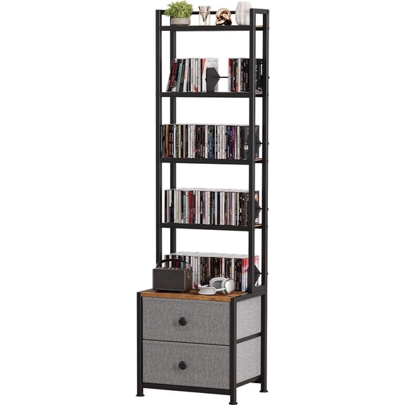 CD Storage Rack with Drawer, 5-Tier DVD Organizer Shelf w/Adjustable Book Stoppers, Media Storage Rack for CD/DVD, Books & Games, Ideal for Living Room & Home Office – 15.7x11.8x56.5Inches