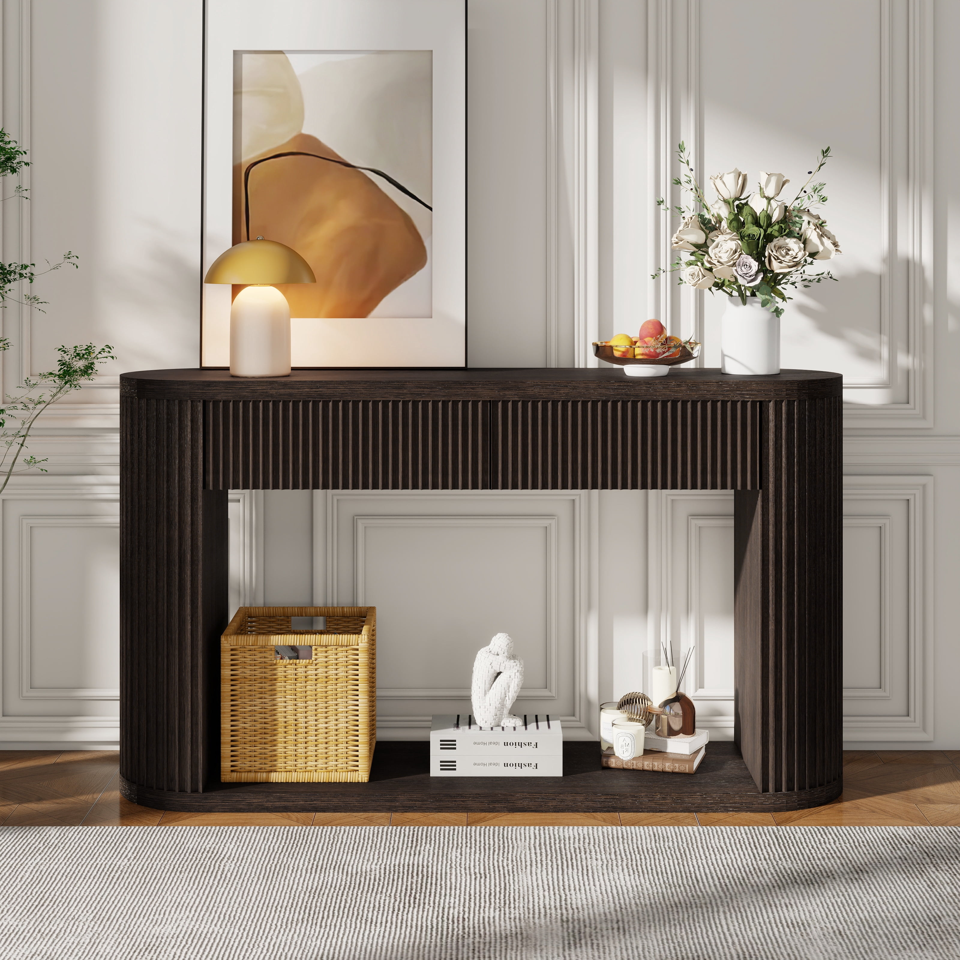 Oval Fluted Console Table with 2 Drawers and Bottom Shelf, Wood Entryway Table with Smooth Metal Slides for Living Room, Entryway