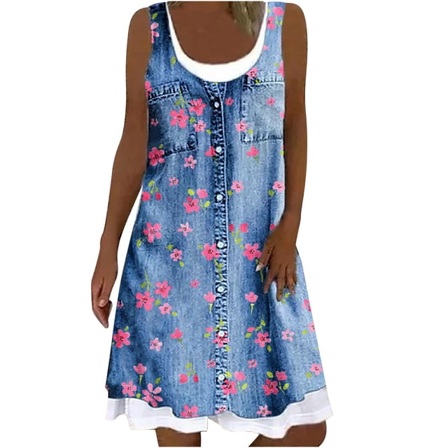 Mefallenssiah Mode Femmes Casual Sexy Col Rond Imprimé Floral Fausse Robe Sans Manches en Deux Pièces