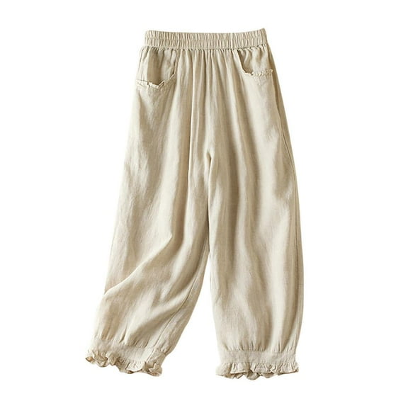 VERUGU Casual Pants for Women Summer Solid Cotton Linen Pants Trendy High Waist Straight Leg Baggy Comfort Trousers Pocket Daily Lounge Loose Full-Length Slack Beach Travel Outfits Beige L
