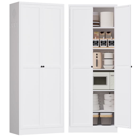 Glyxxen 72" Height Kitchen Pantry Cabinet, Metal Storage Cabinet, Modern Tall Steel Pantry Cupboard with 2 Doors and Adjustable Shelves for Kitchen Garage and Home, White