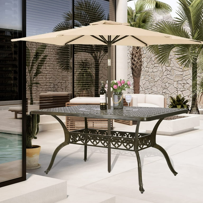 bronze rectangular patio table with umbrella hole VIVIJASON Outdoor Patio Dining Rectangle Table White Cast Aluminum Rustic  Large Patio Table with 2
