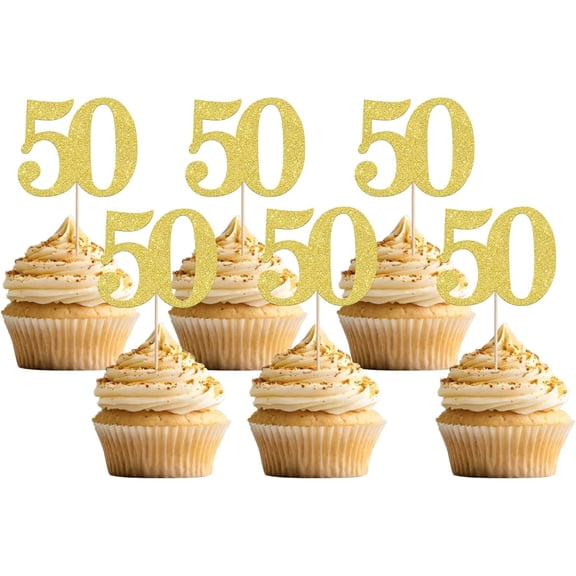 50th Birthday Cupcake Toppers 12 PCS, Gold Glitter Number 50 Cupcake Picks for 50th Birthday Party Decorations