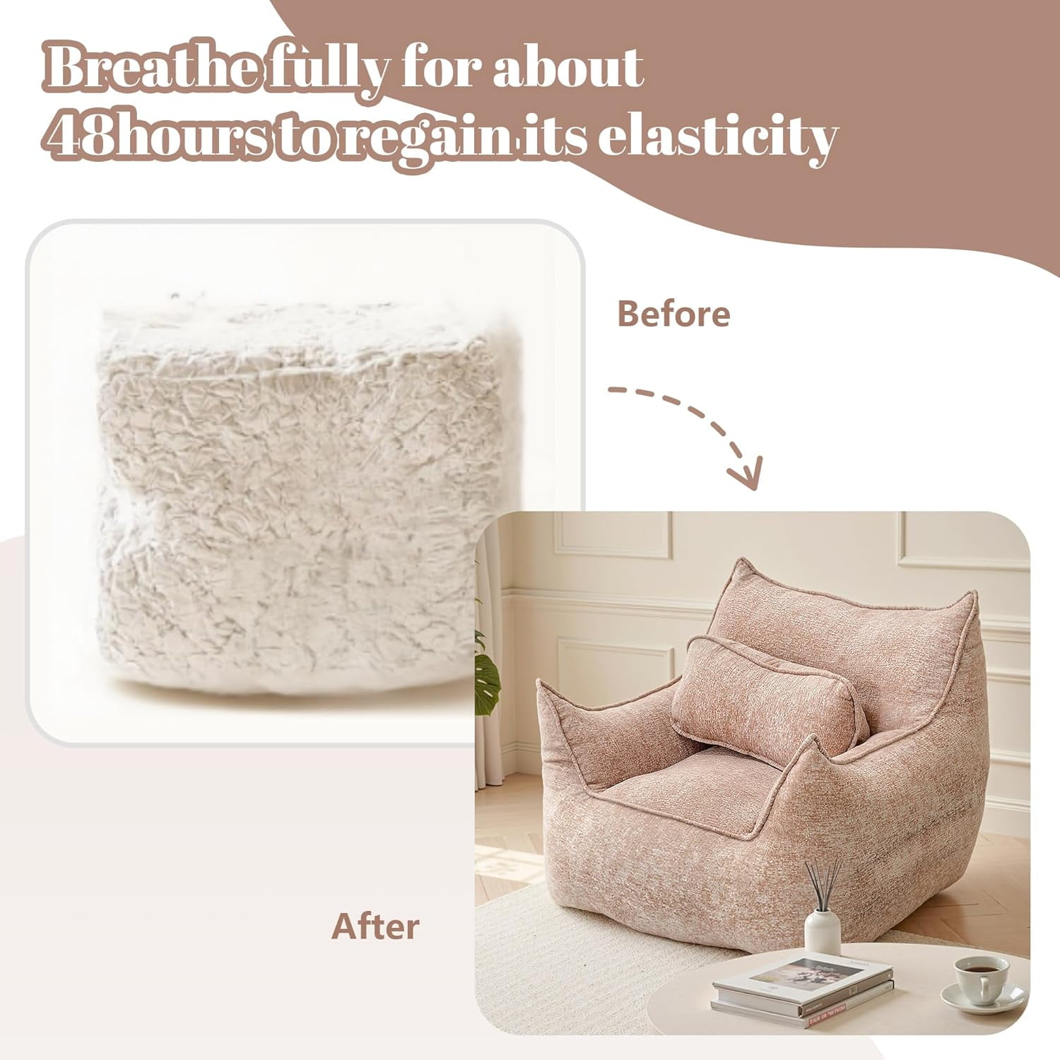 Bean Bag Chair for Adults with Armrests & Pillow, Soft Foam Filled Lazy Sofa for Living Room Gaming Napping, Vacuum Packed Easy to Gift, 48H to Expand, Light Brown