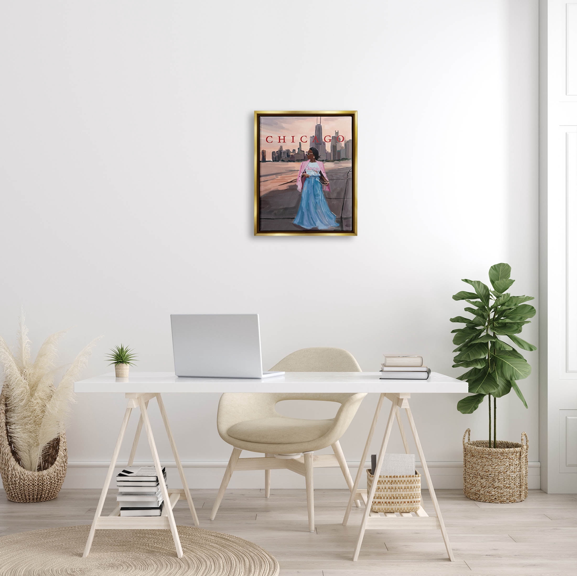 Stupell Industries Fashionable Woman Urban Chicago City Graphic Art Metallic Gold Floating Framed Canvas Print Wall Art, Design by Amelia Noyes