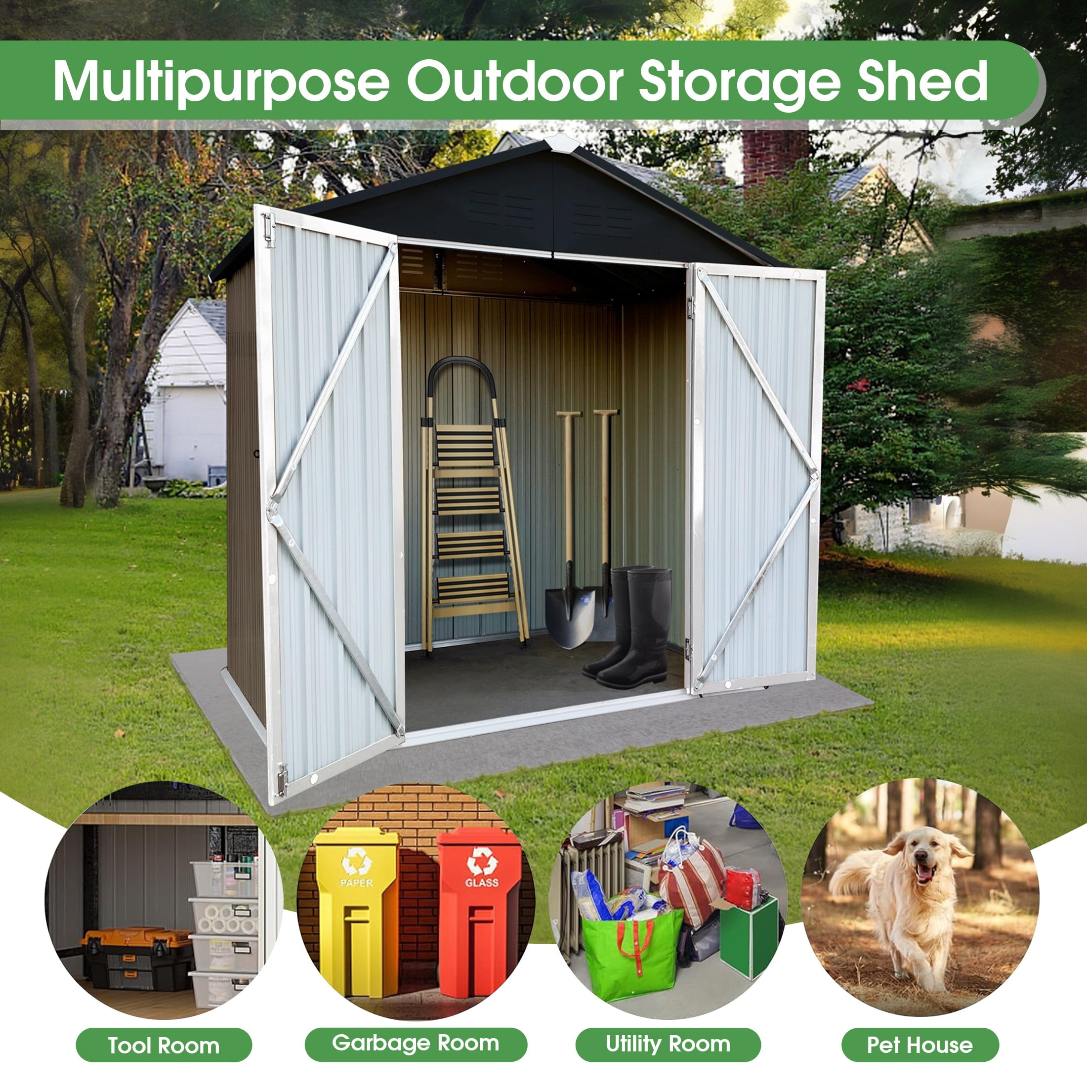 Aukfa 4' x 6' Outdoor Storage Shed, Waterproof Metal Garden Shed with Doors and Sloped Roof for Patio, Backyard, Lawn, Tool Storage, Bike Shed