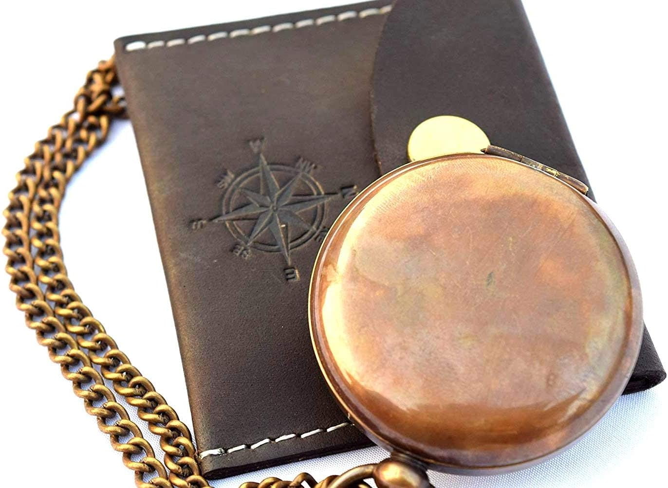 Handmade Nautical Brass Push Open Compass On Chain with Leather Case, Pocket Compass, Gift Compass Rustic Vintage Home décor Gifts