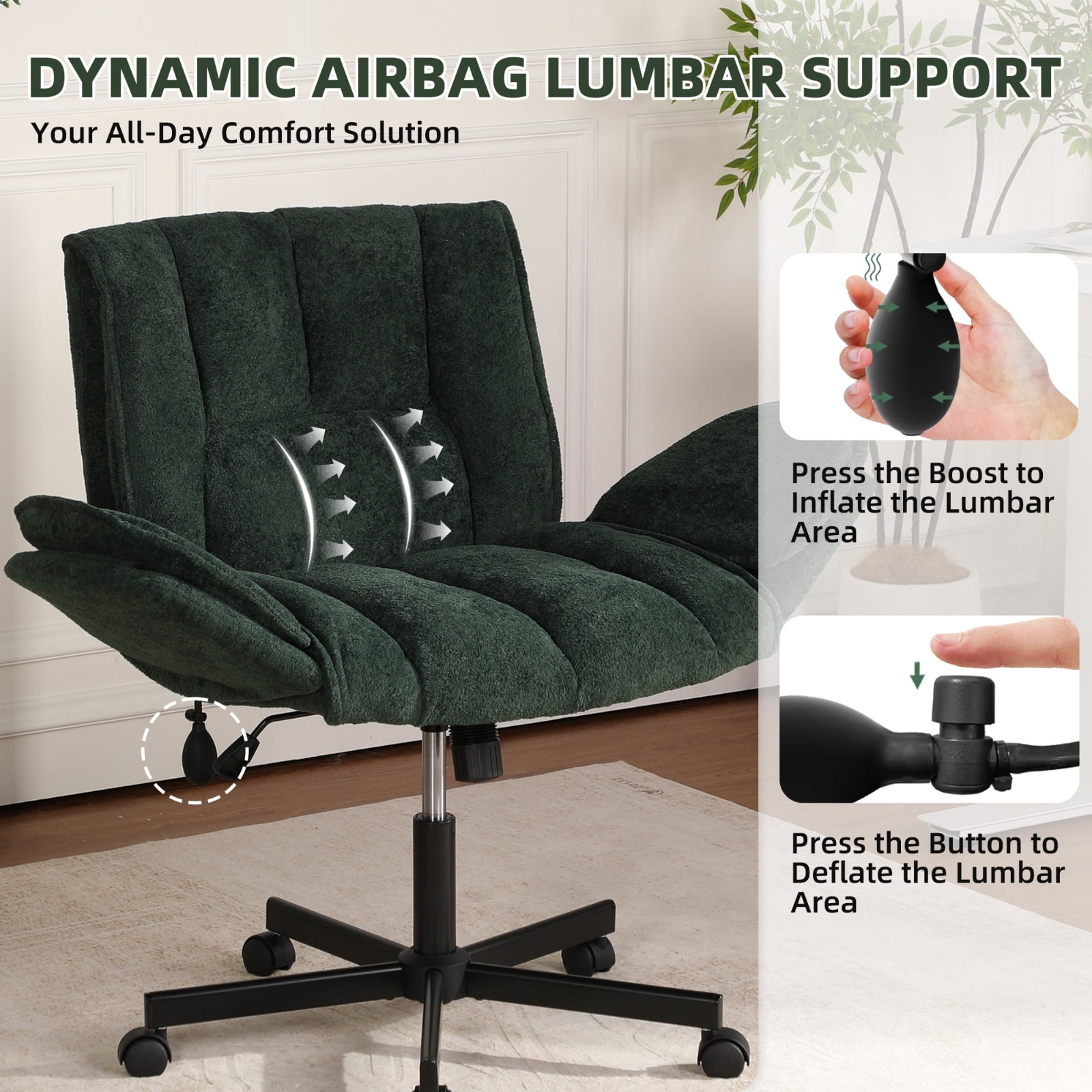 Cross Legged Office Chair with Wheels & Dynamic Airbag Lumbar Support, Criss Cross Wide Seat, 5-Position Fold-Down Armrests, Swivel Vanity Chair for Home Office, Dark Green