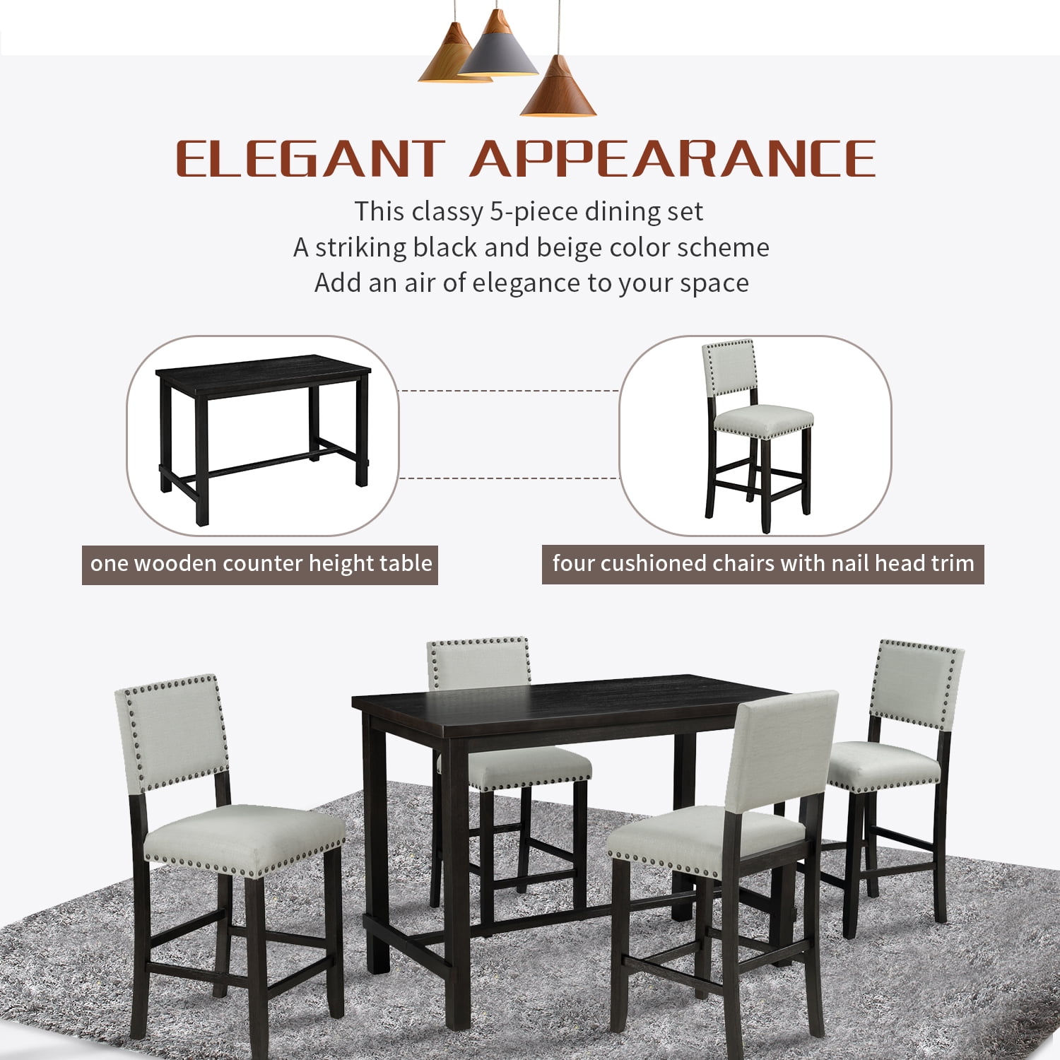Euroco Counter Height 5-Piece Dining Table Set 4 Cushioned Chairs Espresso and Beige