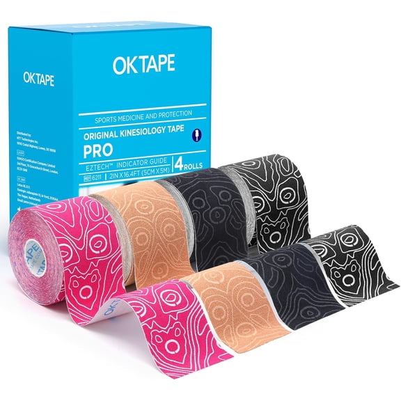 OK TAPE PRO Kinesiology Tape Uncut Roll, Elastic Physical Therapy Athletic Tape for Pain Relief, Muscle Support, Kinetic Tape, Water Resistant, 2in X 16.4ft -Mixed 4 Pack