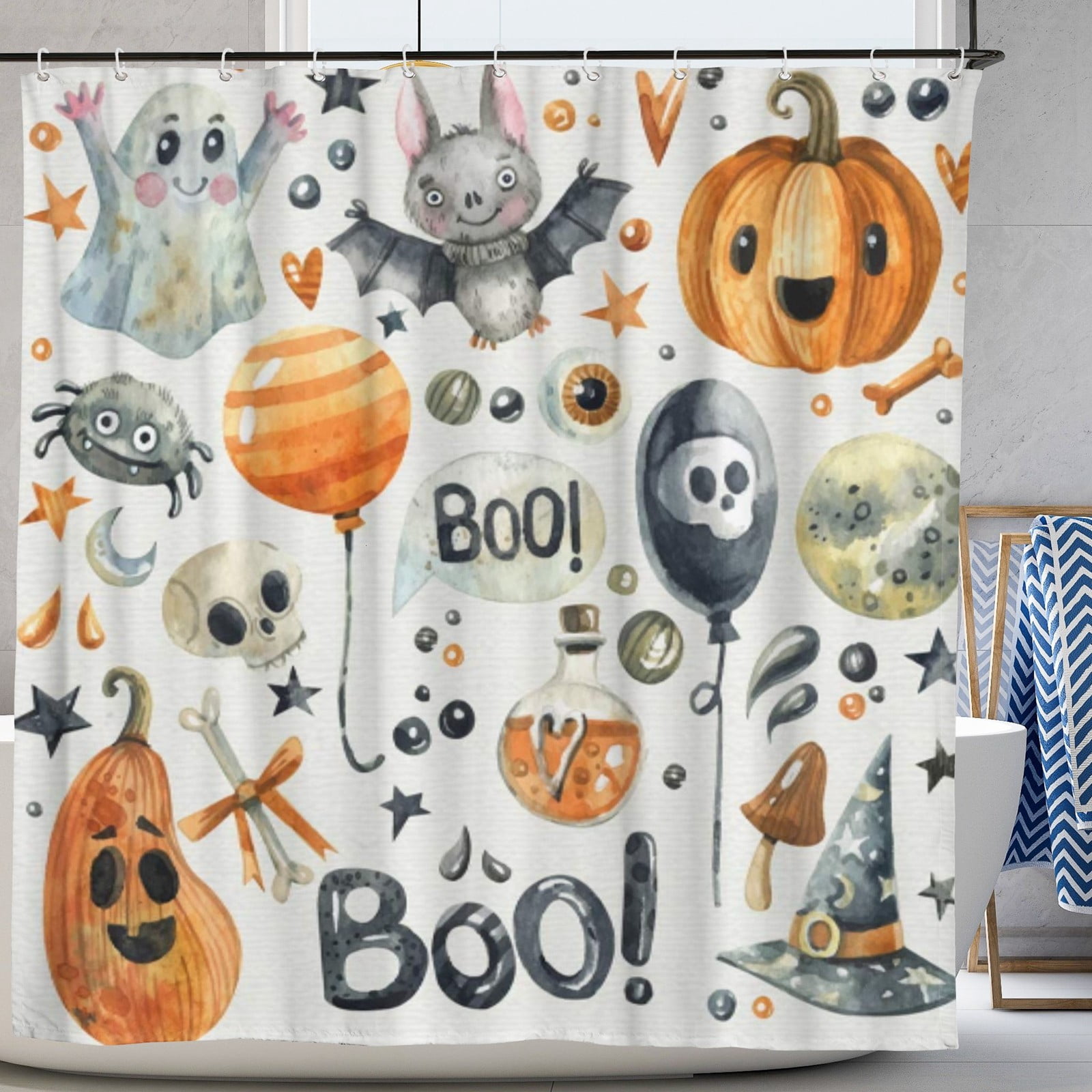 Happy Halloween Shower Curtain with Hooks Pumpkin Bat Bathroom Shower