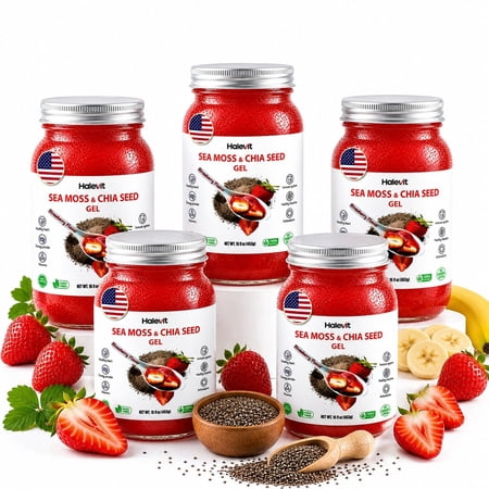 Halevit Wildcrafted Irish Sea Moss Gel | Sea Moss, Chia Seeds, Strawberry | 16 Oz | Made in USA | 80 oz | 5-Pack